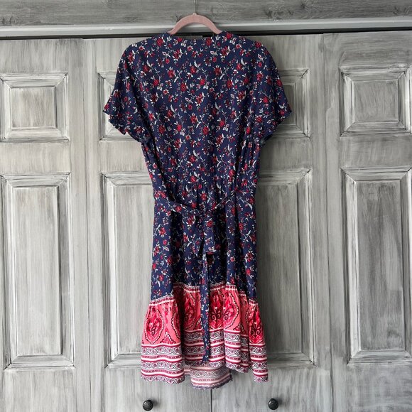 Zesica Boho Wrap Dress Blue Red Pink Floral with Ruffle Bottom Size 2XL - Picture 4 of 6